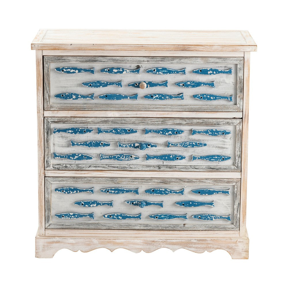 Crestview Pesy  Nightstand 3 Drawer Chest | Painted Blue Fish | Whitewash