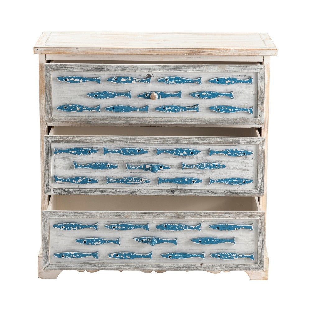 Crestview Pesy  Nightstand 3 Drawer Chest | Painted Blue Fish | Whitewash