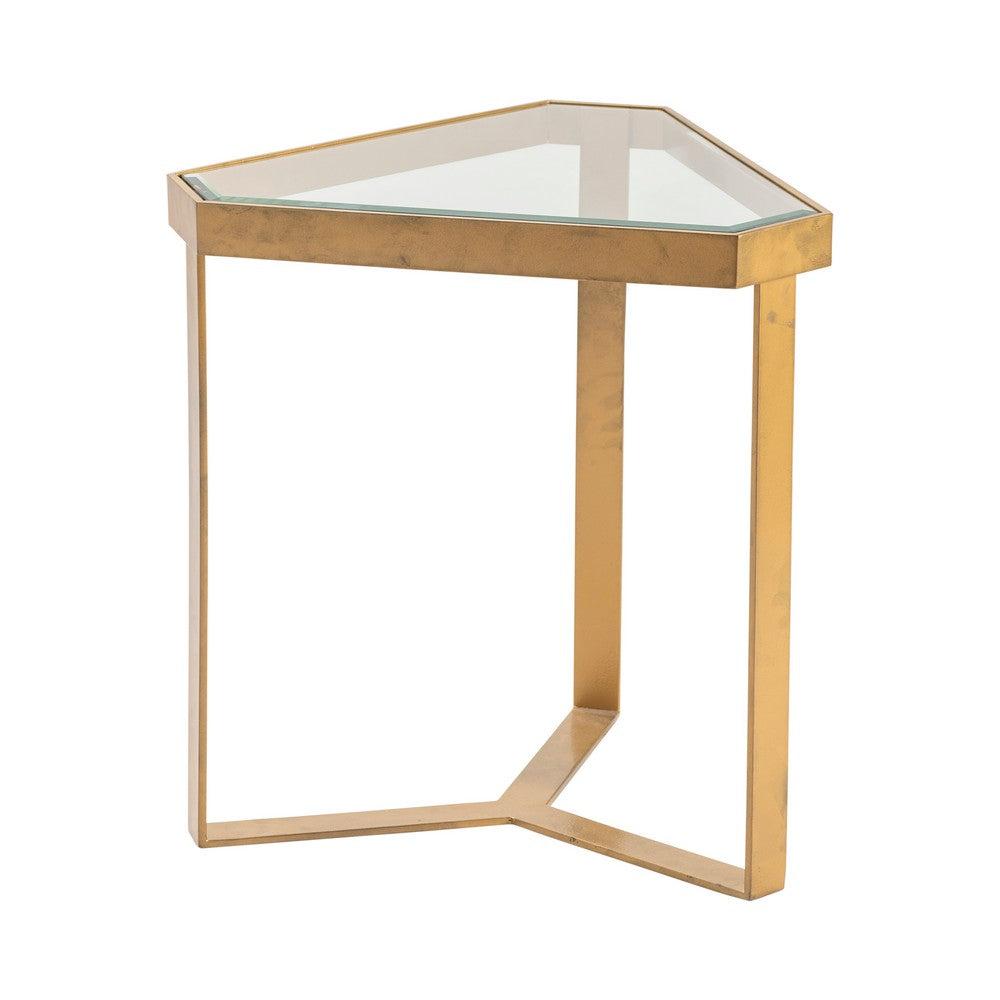 Crestview Mely Triangle Side End Table w Glass Top | Gold Iron Frame