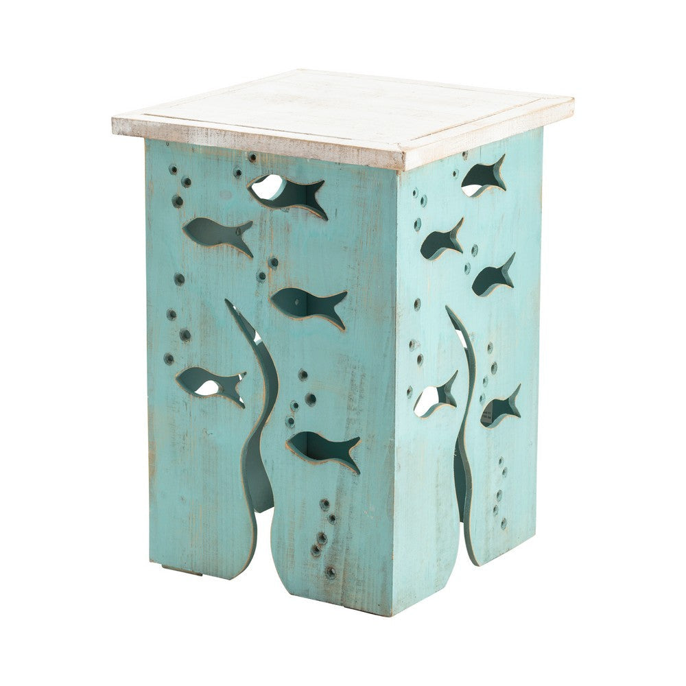 Crestview Fem Accent Table | 18’’ White Top | Turquoise Fish Cut Out Base CCL-CVFZR4529