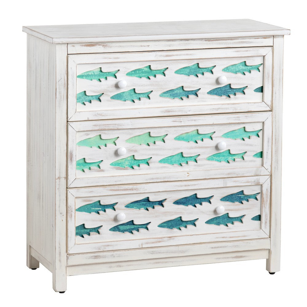 Crestview Ton Large Nightstand 3 Drawer Chest | Coastal Blue Fish | White CCL-CVFZR5075