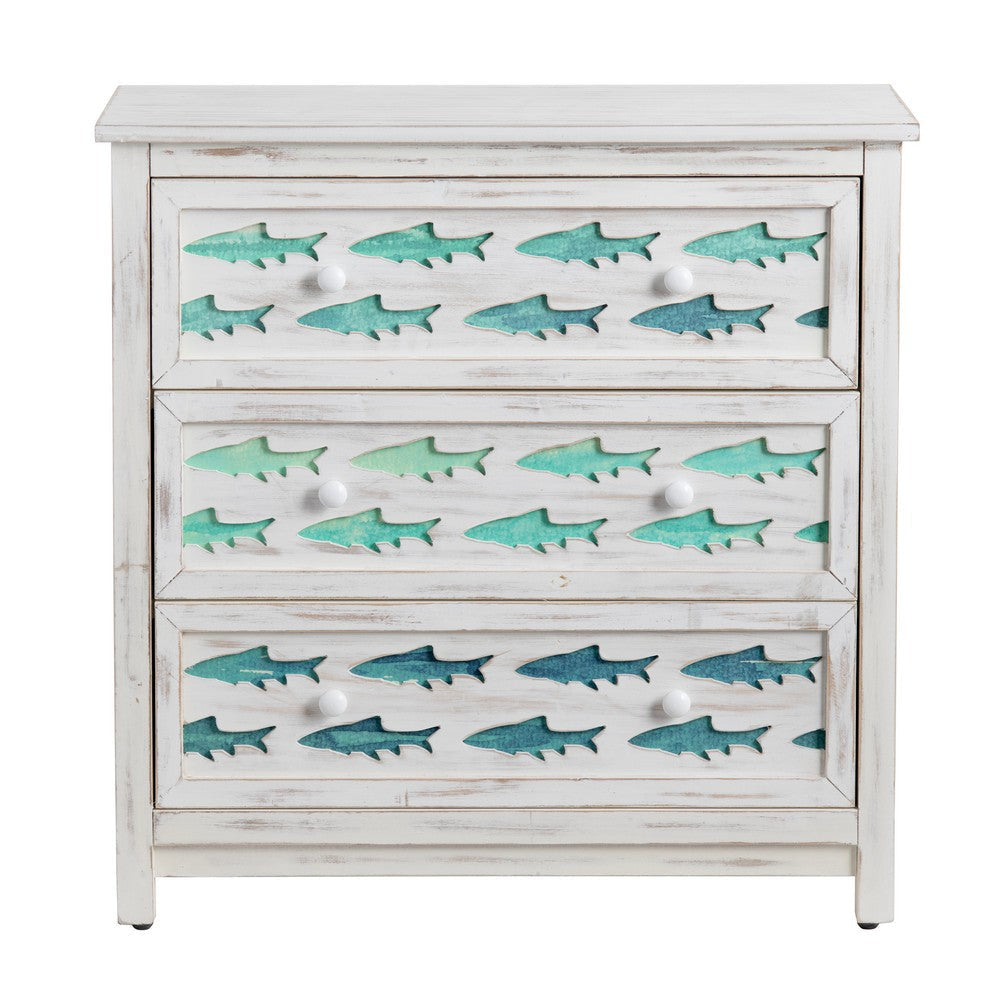 Crestview Ton Large Nightstand 3 Drawer Chest | Coastal Blue Fish | White