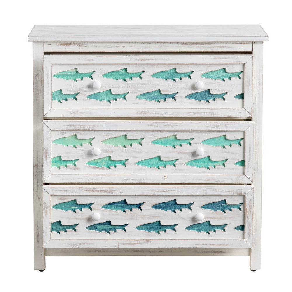 Crestview Ton Large Nightstand 3 Drawer Chest | Coastal Blue Fish | White CCL-CVFZR5075