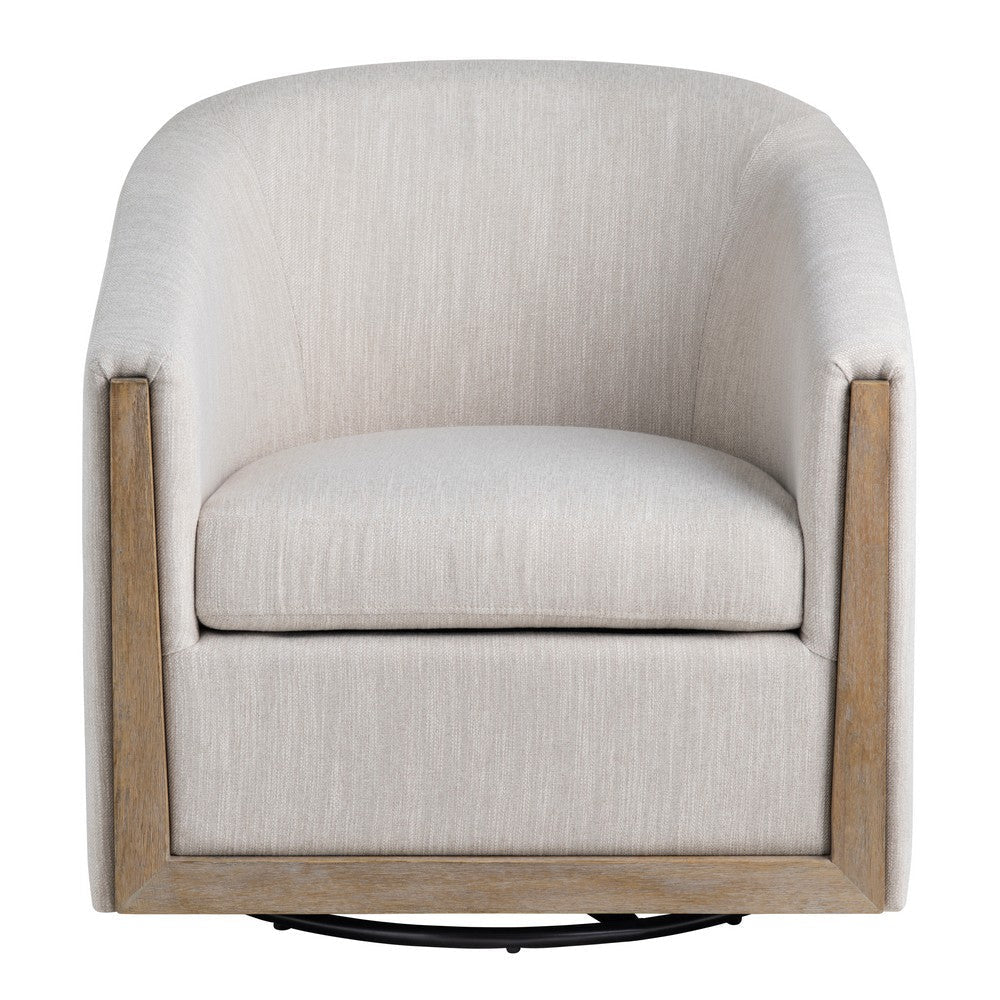 Crestview Neet Swivel Barrel Accent Chair | Beige Linen | Brown Wood Trim CCL-CVFZR5135