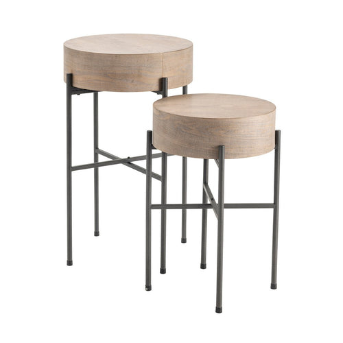Accent Table Set of 2 | Round Cream Wood Tops & Black Iron Legs