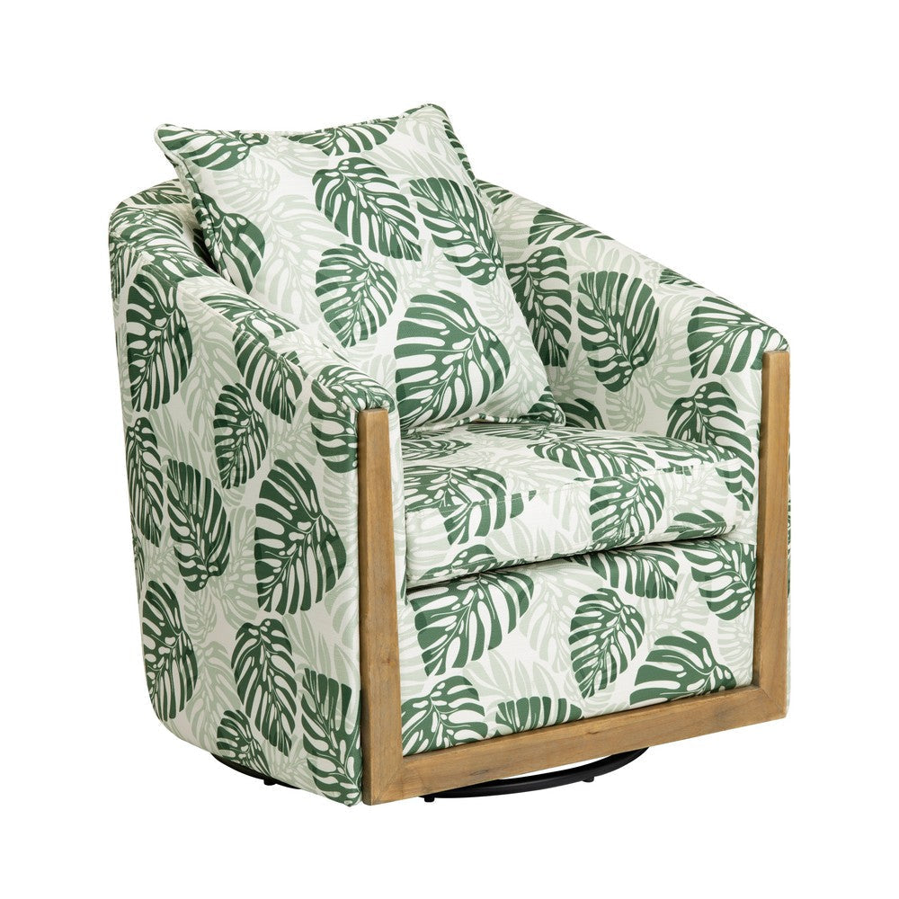 Crestview Palm Swivel Barrel Chair | Green Tropical Leaves White Polyester CCL-CVFZR6147
