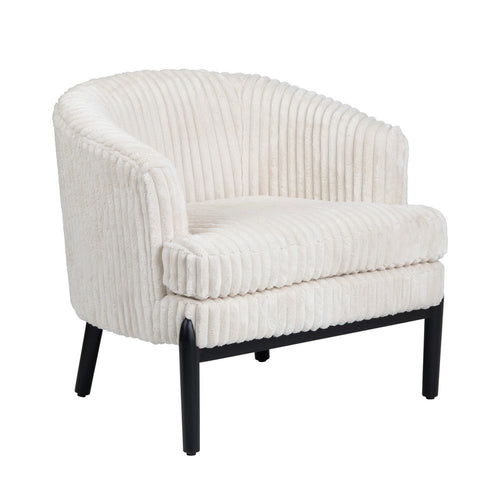 Barrel Accent Chair | White Boucle Upholstery | Black Wood Legs