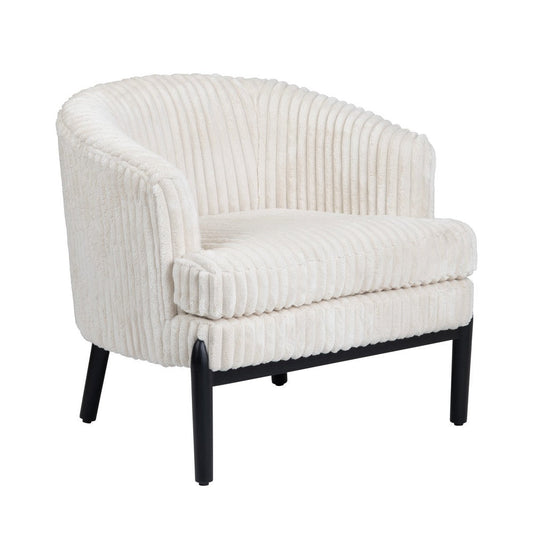 Barrel Accent Chair | White Boucle Upholstery | Black Wood Legs
