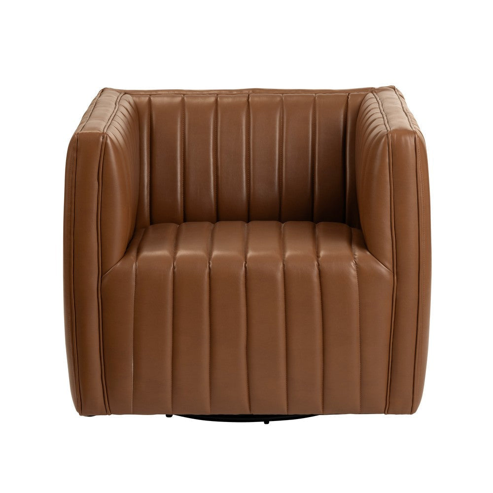 Crestview Huxe Accent Swivel Chair | Boxy | Brown Channel Faux Leather CCL-CVFZR6159