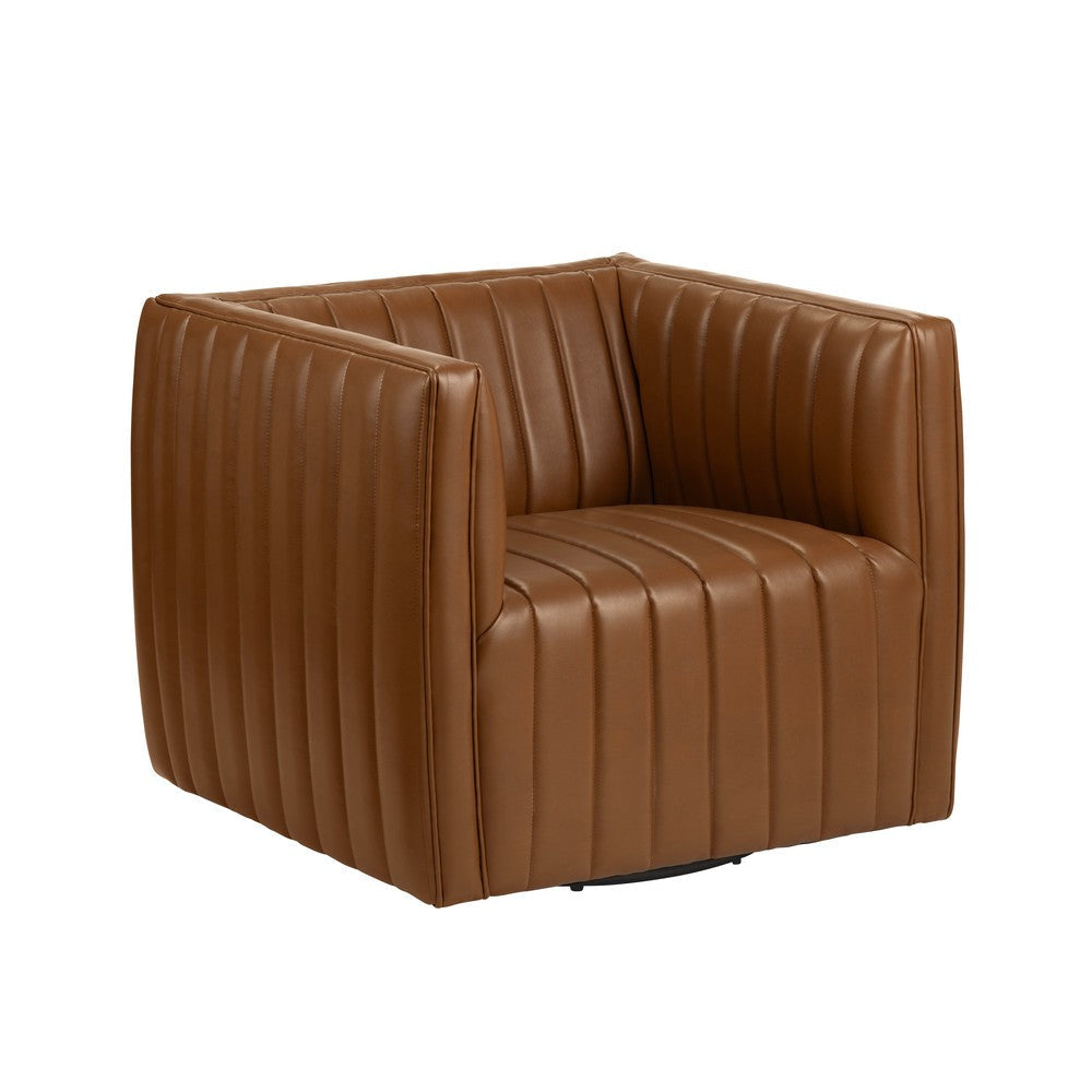 Crestview Huxe Accent Swivel Chair | Boxy | Brown Channel Faux Leather CCL-CVFZR6159