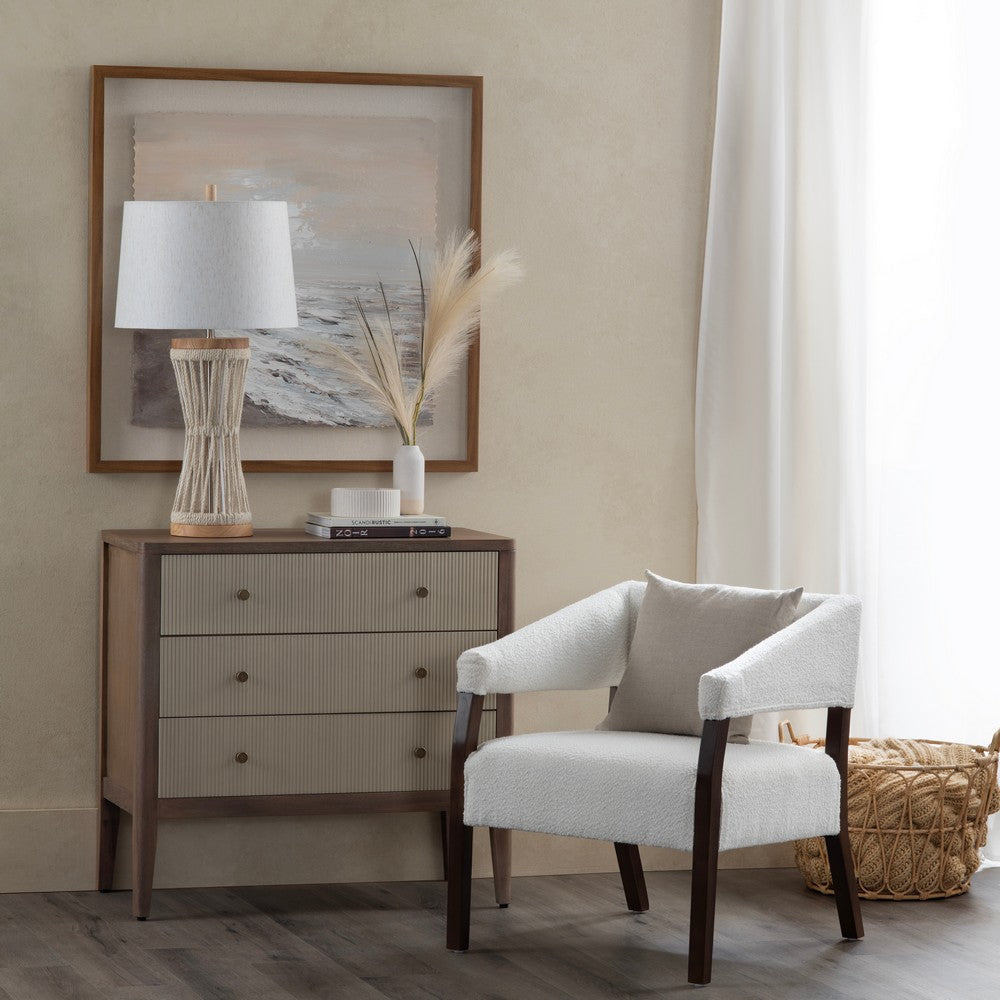 Accent Chair | White Boucle | Dark Brown Wood Open Arms Frame