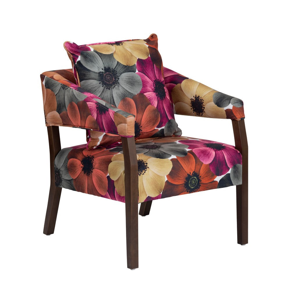 Accent Chair | Lumbar Pillow | Retro Pink Floral Polyester | Dark Brown