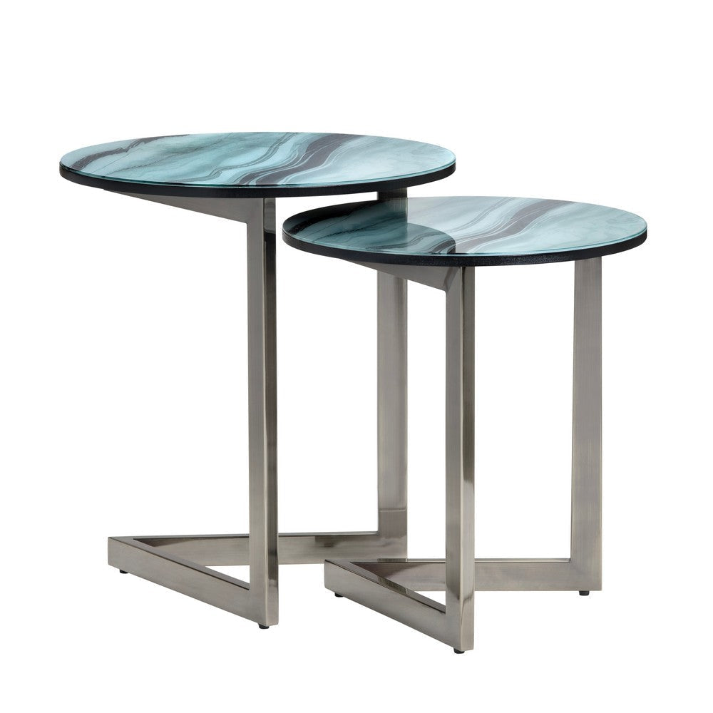 Crestview 2pc Nesting Table Set | Round Green Glass Tops | Nickel Base CCL-CVFZR6199