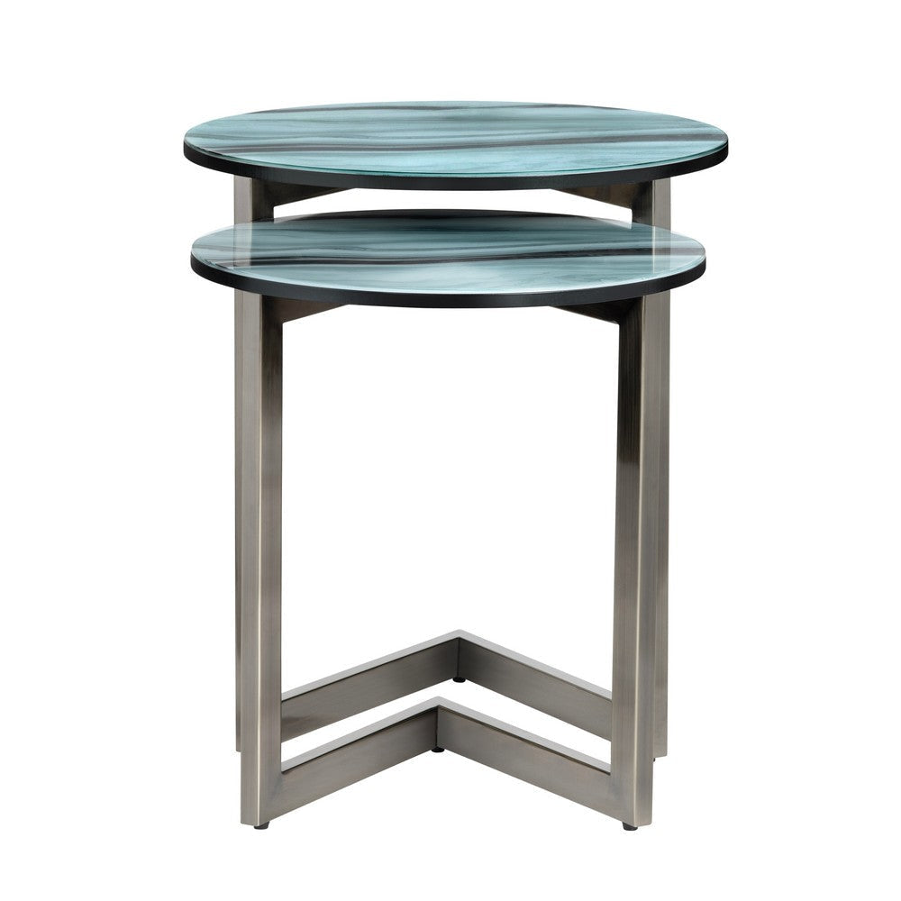 Crestview 2pc Nesting Table Set | Round Green Glass Tops | Nickel Base