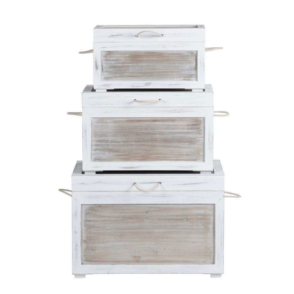 Crestview Kex 3pc Storage Trunk Set | Rope Handles | White Solid Wood CCL-CVFZR6202