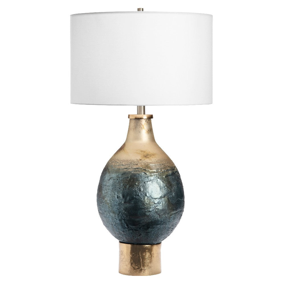 Table Lamp with Gold and Blue Accent Glass Base | White Shade 32"