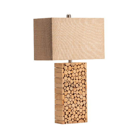 Table Lamp Set of 2 | Tan Brown Burlap Shade | 29" Stacked Wood Base