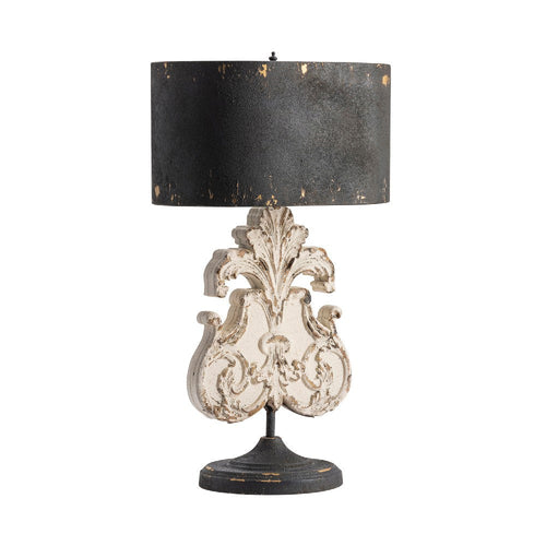 Table Lamp | Cream Fleur de Lis Style | Distressed Black Metal Shade