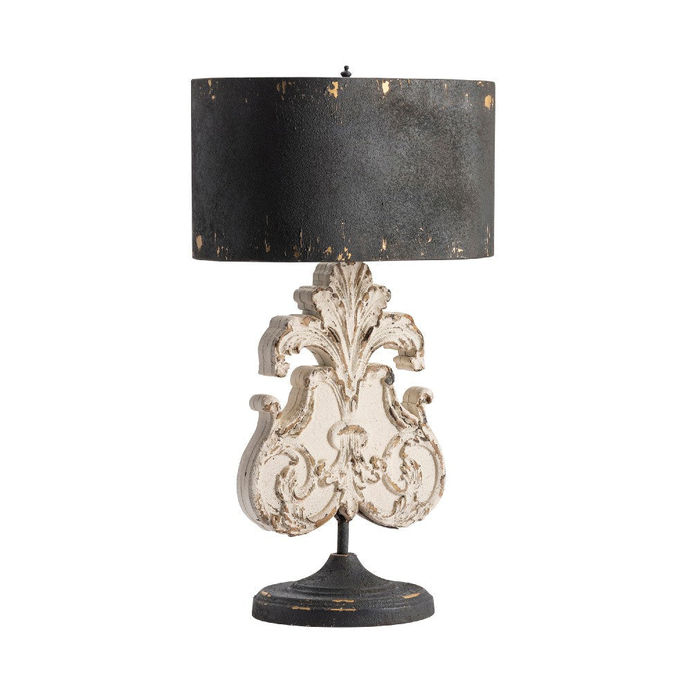 Table Lamp | Cream Fleur de Lis Style | Distressed Black Metal Shade