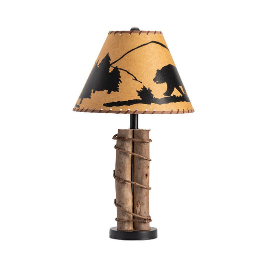 Table Lamp Set of 2 | Empire Shade w Black Bear Design | Tied Wood Base