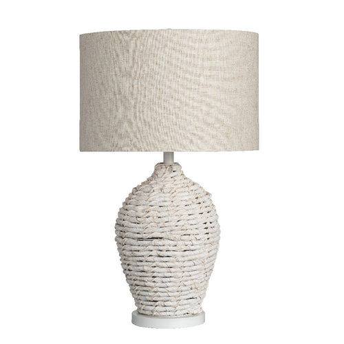 Table Lamp w/ White Woven Rattan Vase-Style Base & Oatmeal Linen Shade