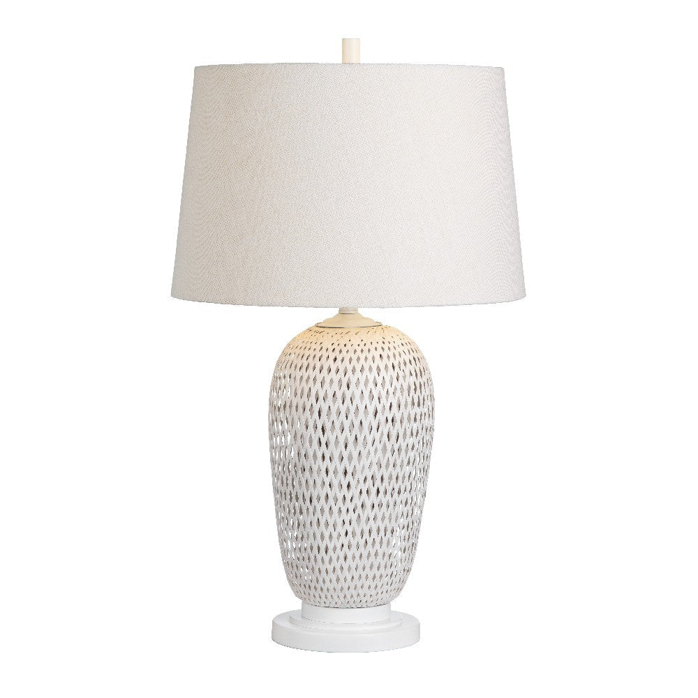 Rity Table Lamp | Rattan Vase | Linen Shade | Lacquered White Metal
