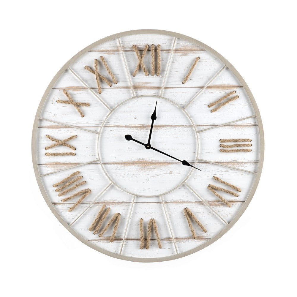 Wall Clock | Rope Style Roman Numerals | Whitewashed Wood | 36" Round