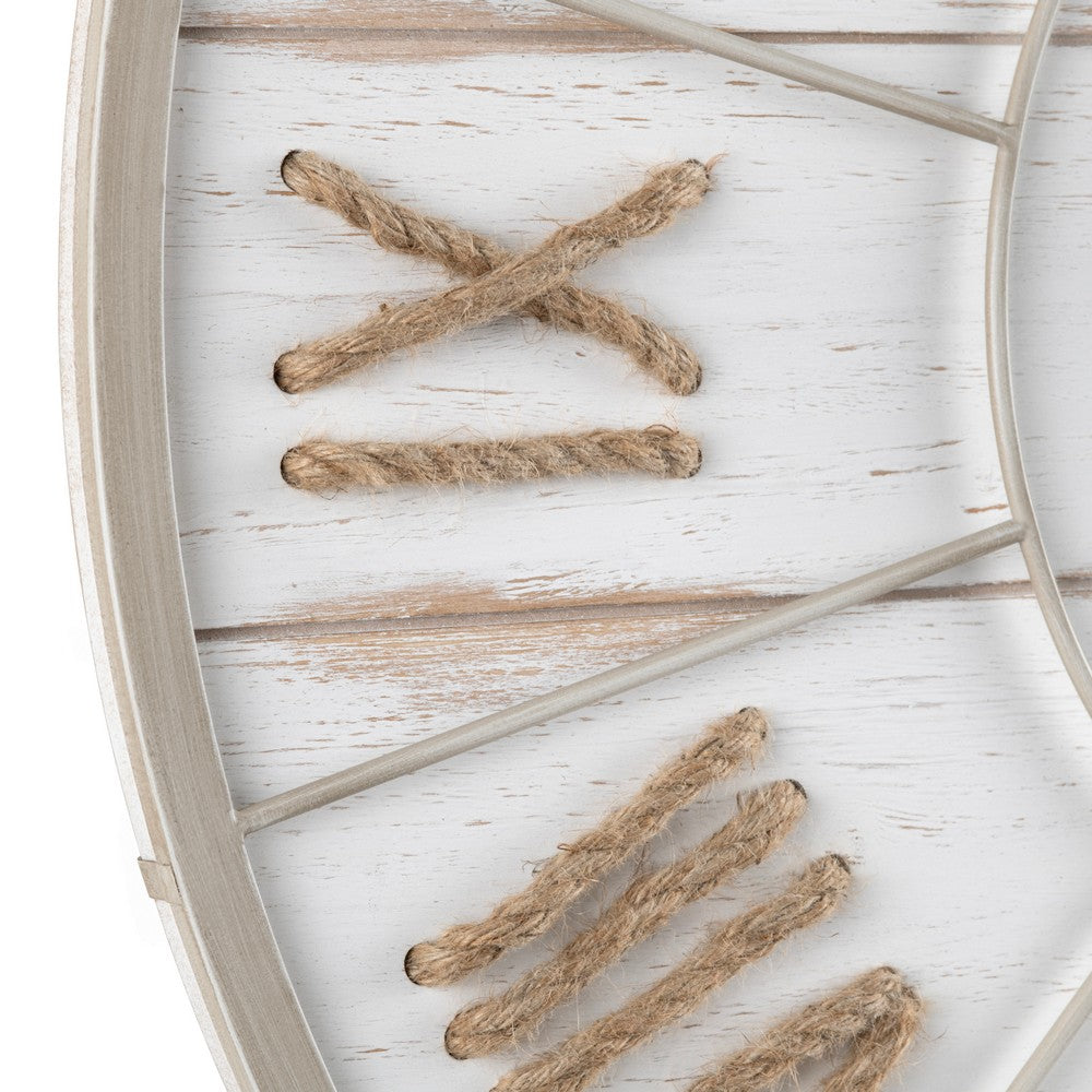 Wall Clock | Rope Style Roman Numerals | Whitewashed Wood | 36" Round