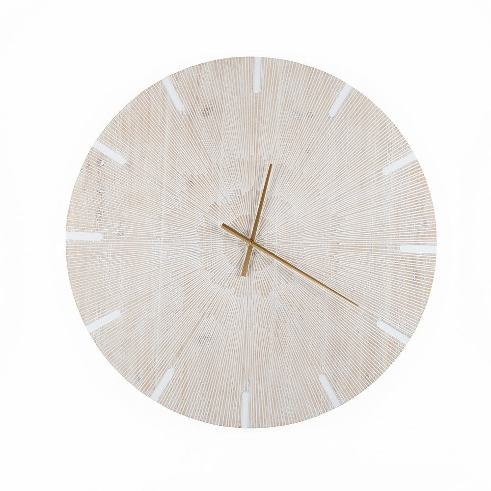 Wall Clock | Sunburst Design | Brown Hands | Whitewashed Wood | 36" Round