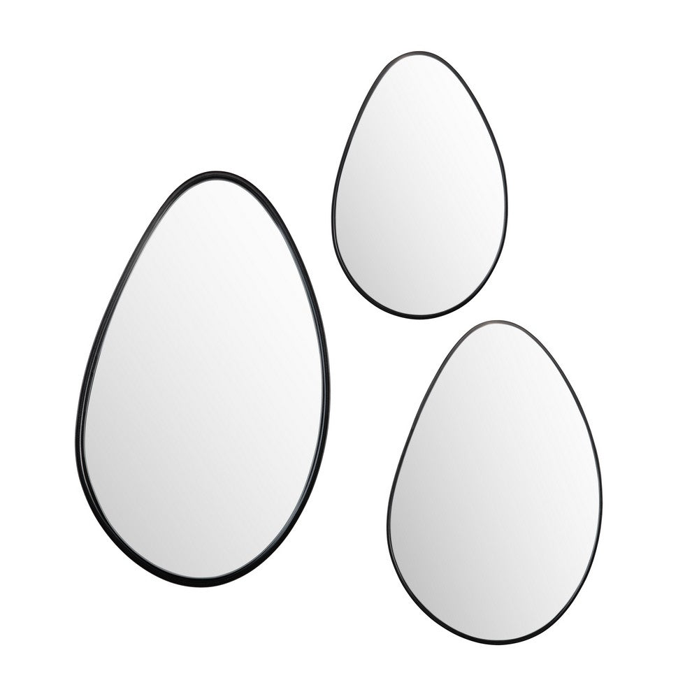 Wall Mirror Set of 3 | Abstract Teardrop Shape | Matte Black Metal Frame