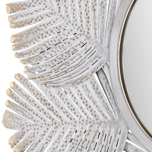 Wall Mirror | Textured Palm Leaves on Frame | Whitewash Metal 36x36 Round