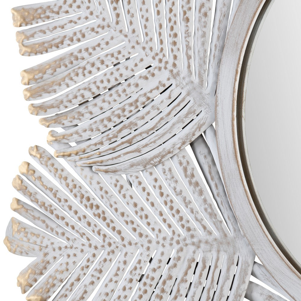 Wall Mirror | Textured Palm Leaves on Frame | Whitewash Metal 36x36 Round