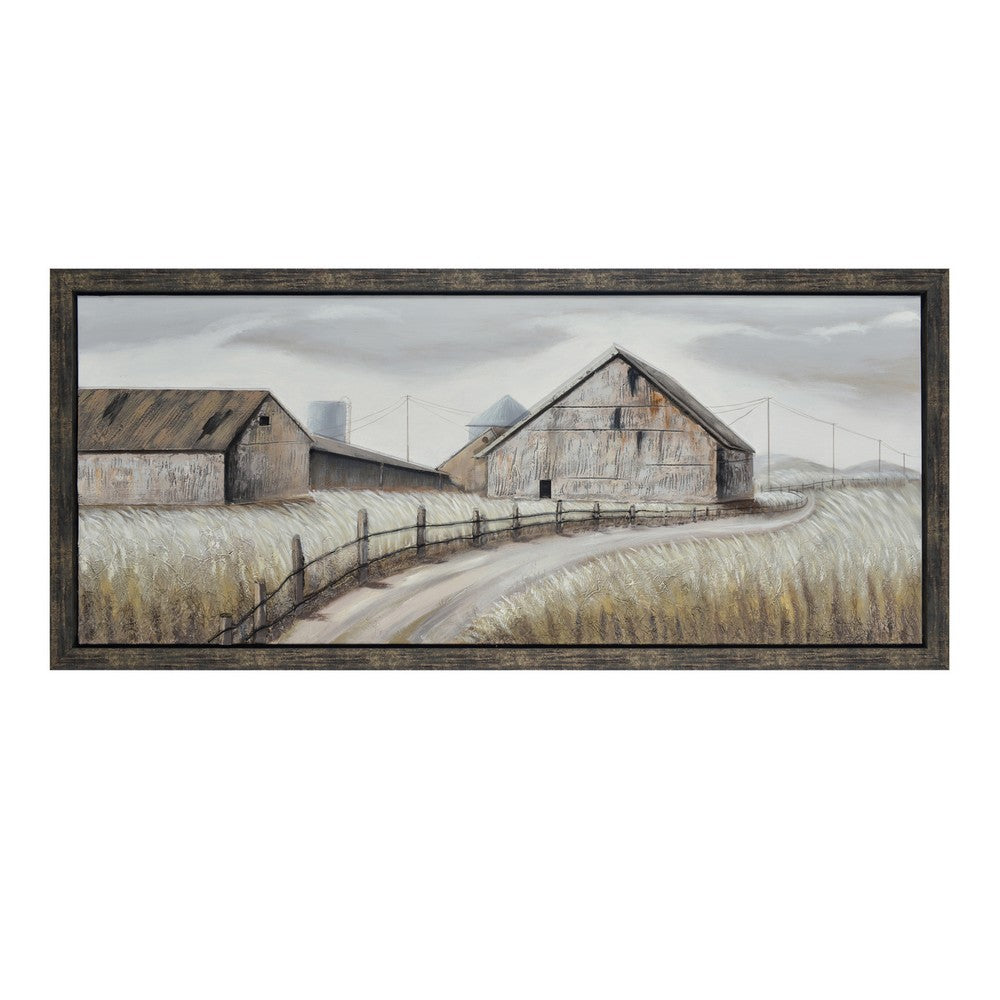 Crestview Framed Canvas Wall Art | 32x71 Landscape Brown & White Barn Road