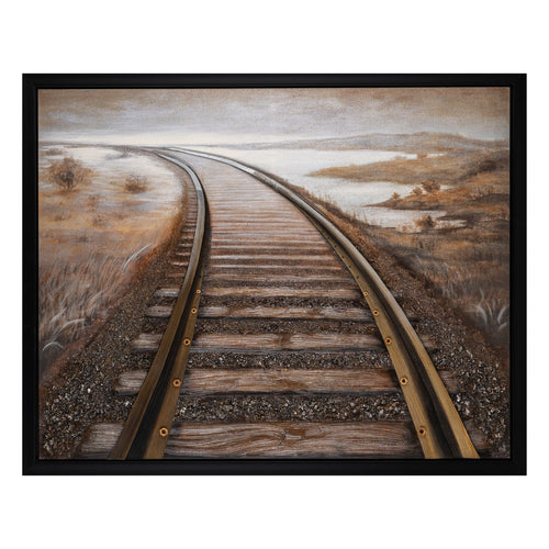 Crestview Framed Railway Tracks Painting | 47x59 Brown & White Canvas Art
