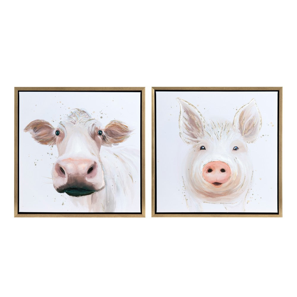 Crestview 2pc Wall Painting Set | Cow & Pig | 24 x 24 Square | White | Gold