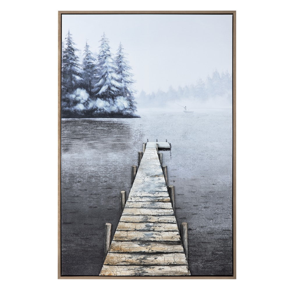 Crestview Rustic Lakeside Pier Framed Wall Art Painting | Gray Blue 40 x 59
