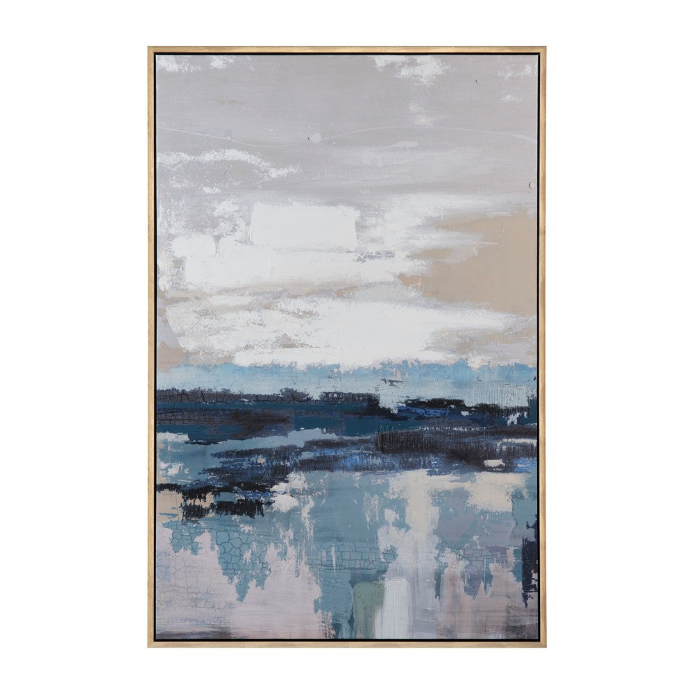 Crestview Wall Art Abstract Seascape | Framed 39x59 Gold | Blue & Beige