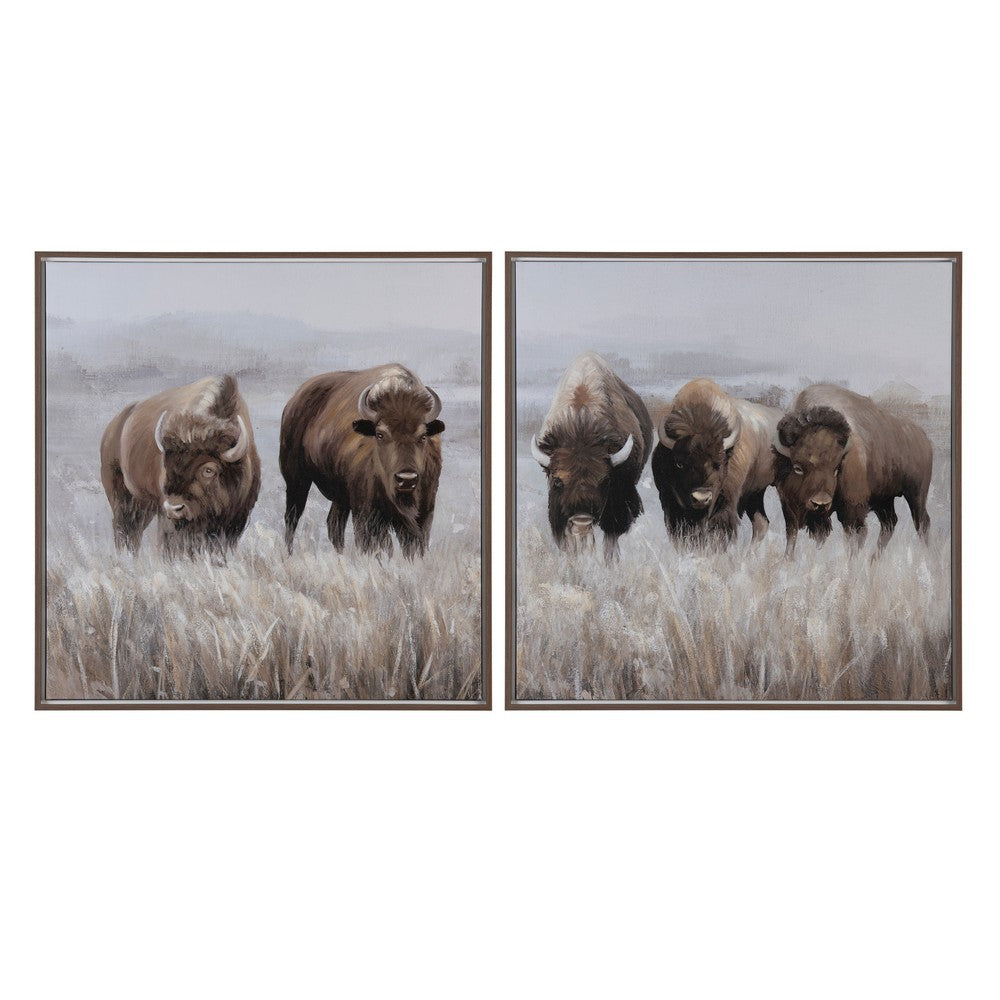 Crestview Western Bison Herd Framed Wall Art Set of 2 | 35" Square Brown