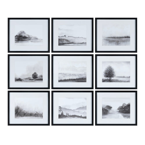 Crestview 9pc Framed Landscape Wall Art Set | Charcoal Black & White 20x24
