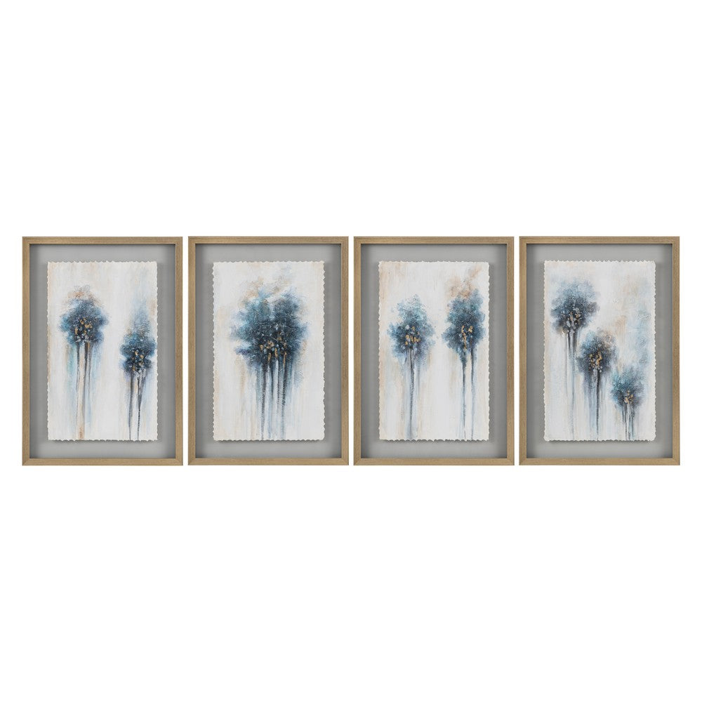 23x33 Framed Wall Art Set of 4 | Abstract Blue Paint | Gold Embellishment