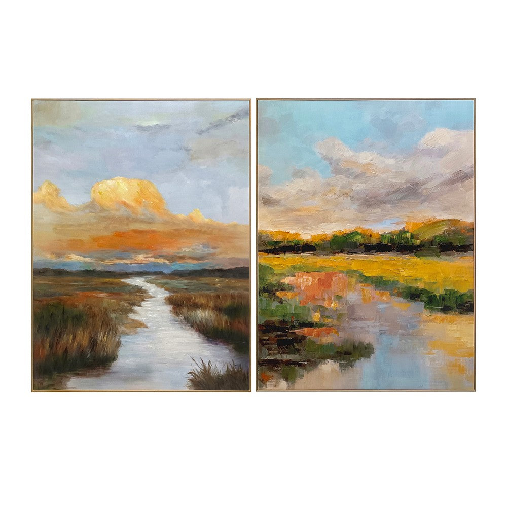 Framed Wall Art Set of 2 | Colorful Sunset Meadow Landscape Painting 36x48