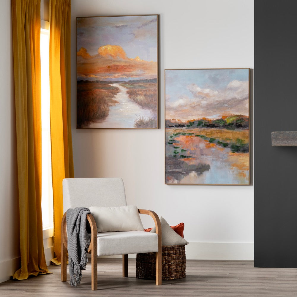 Framed Wall Art Set of 2 | Colorful Sunset Meadow Landscape Painting 36x48