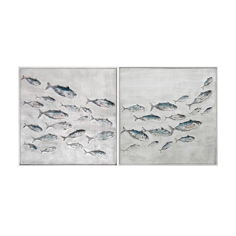 Wall Art Set of 2 | School of Fish Swimming on Canvas | White Frame 30x30