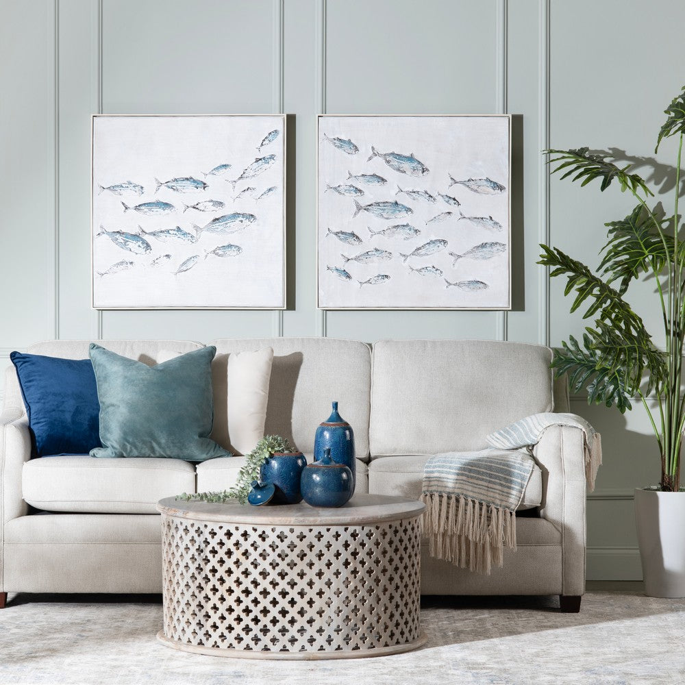 Wall Art Set of 2 | School of Fish Swimming on Canvas | White Frame 30x30