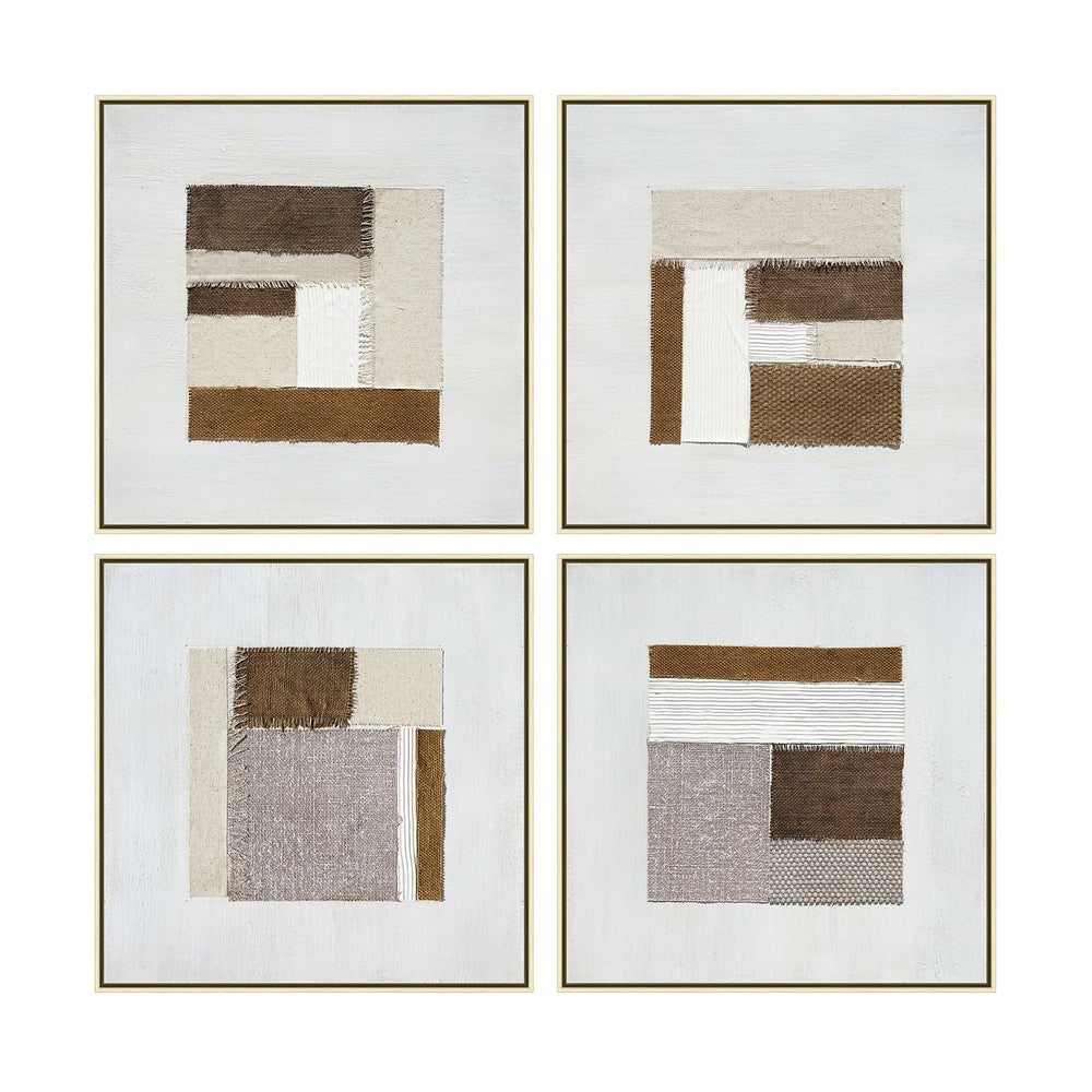 4pc Wall Art | Fabric Brown White Swatches on Canvas | Framed 20x20 Squares