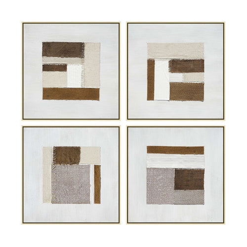 4pc Wall Art | Fabric Brown White Swatches on Canvas | Framed 20x20 Squares
