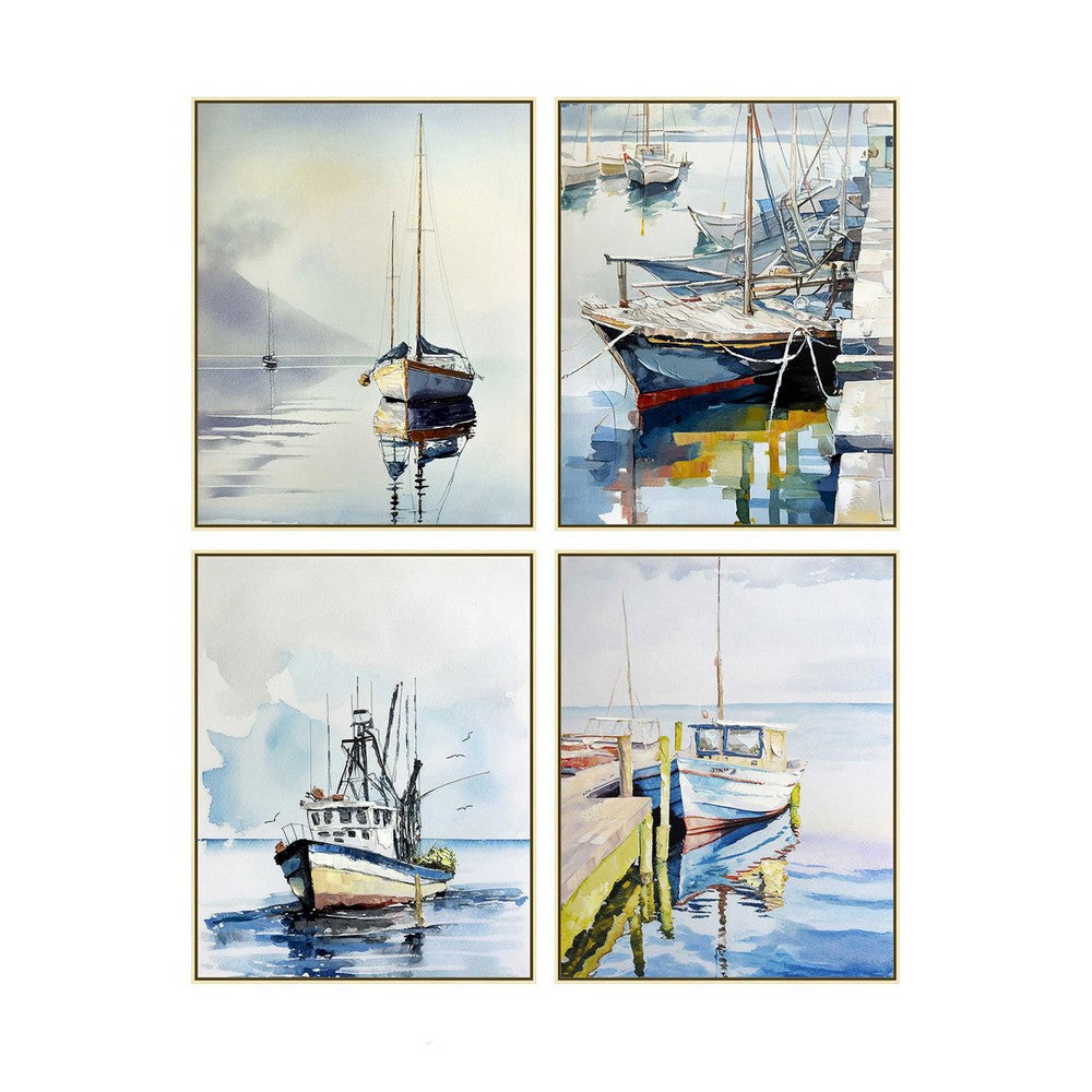 Sasu 4pc Wall Art | Framed Coastal Boat Scenes on Canvas | Champagne 24x30