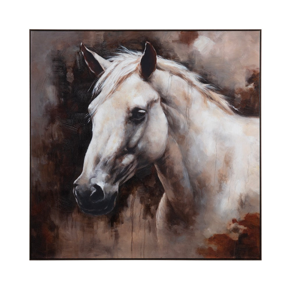 Crestview White Horse Painting | 50" Square Brown Framed Canvas