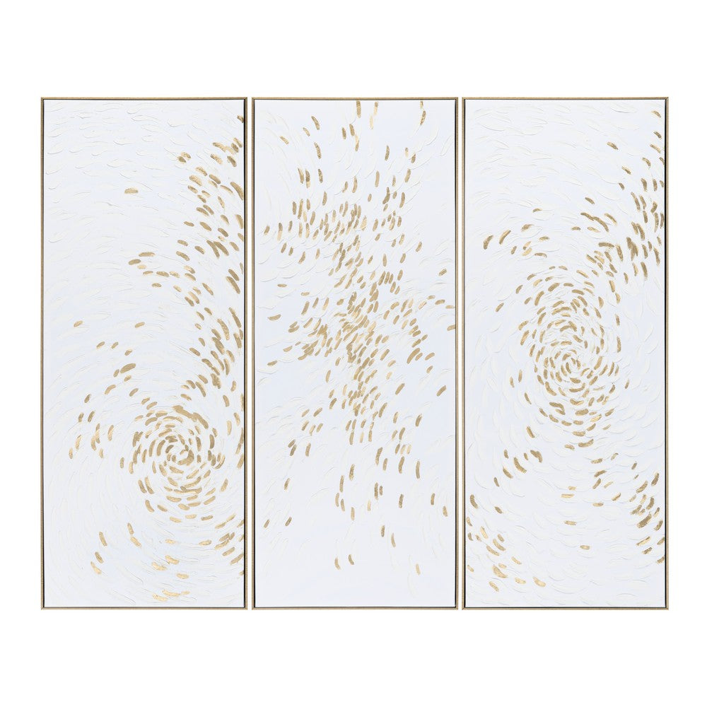 3pc Framed Wall Art Decor | Abstract Gold Foil Swirls White Canvas | 24x60