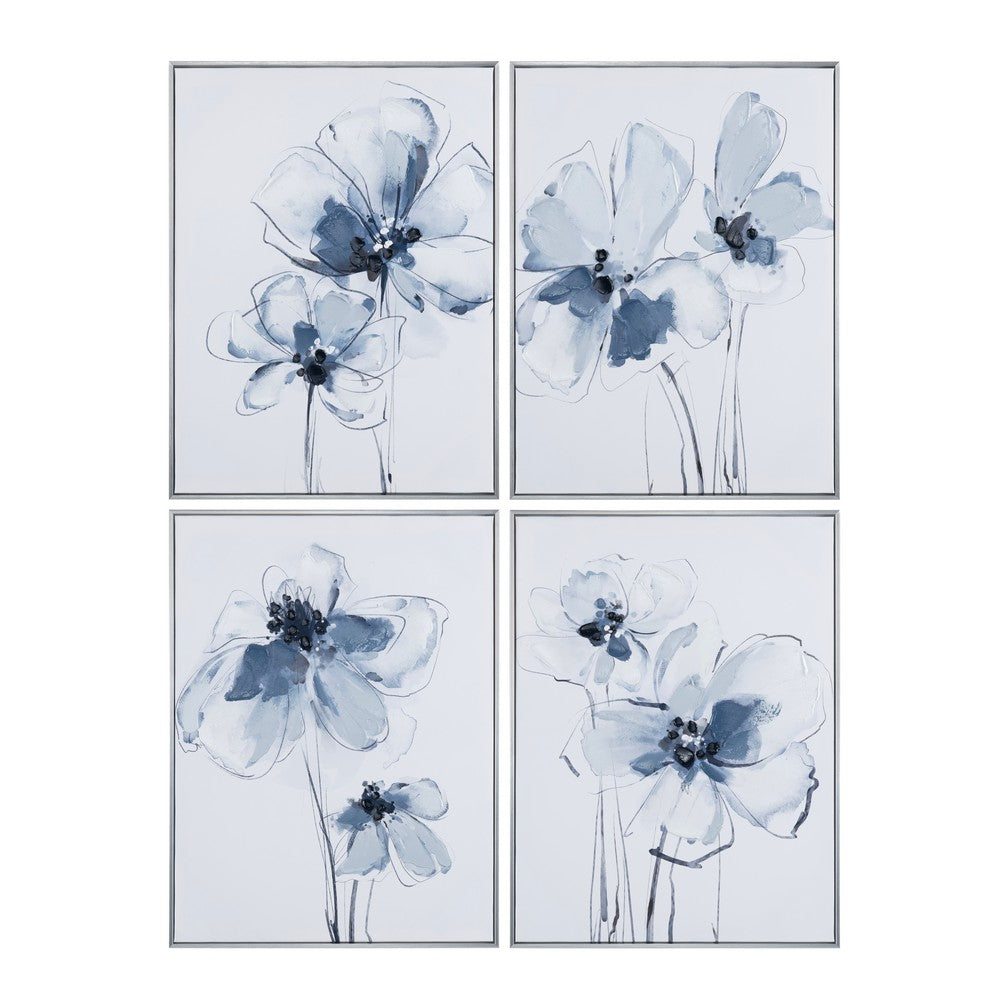 4pc Wall Art | Abstract Floral Canvas Design | Blue & White | 24x32 Frame